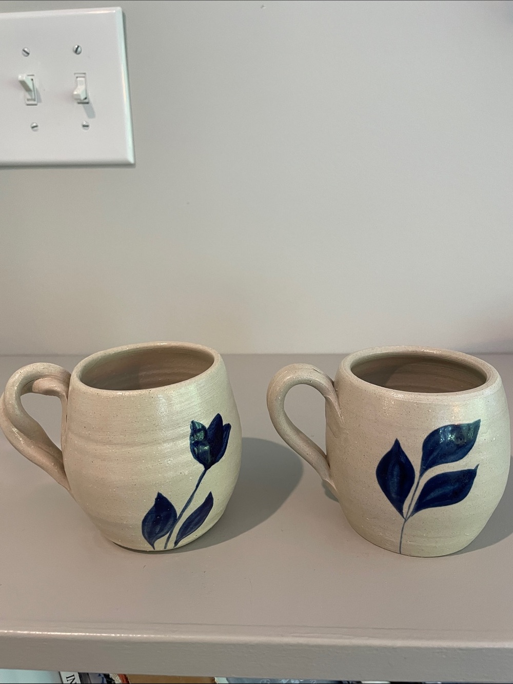 Williamsburg pottery Handmade Ceramic Mugs with Blue Floral Design - Set of 2
